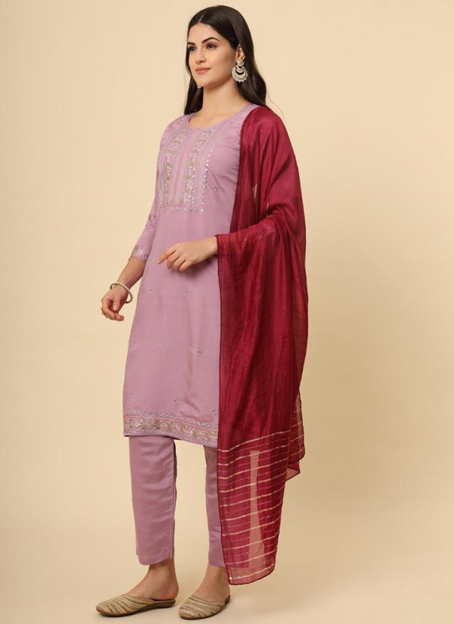 Silk Blend Lilac Casual Wear Embroidery Work Readymade Kurti Set